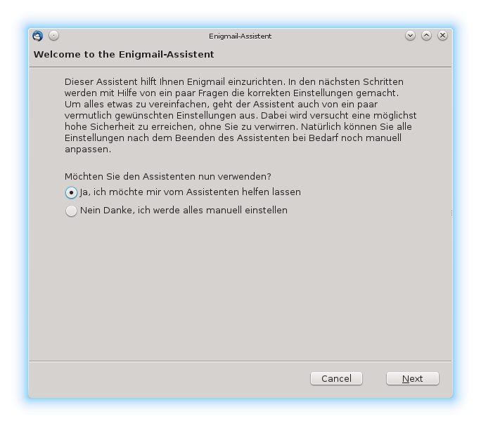 Screenshot des 
    Enigmail Einrichtungsassistenten